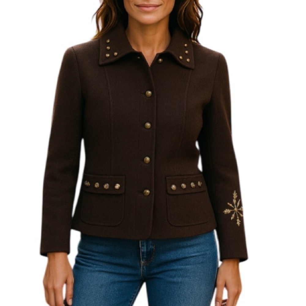 VINTAGE Mat Collection Brown Wool Jacket Blazer Embellished Grandma Size Small